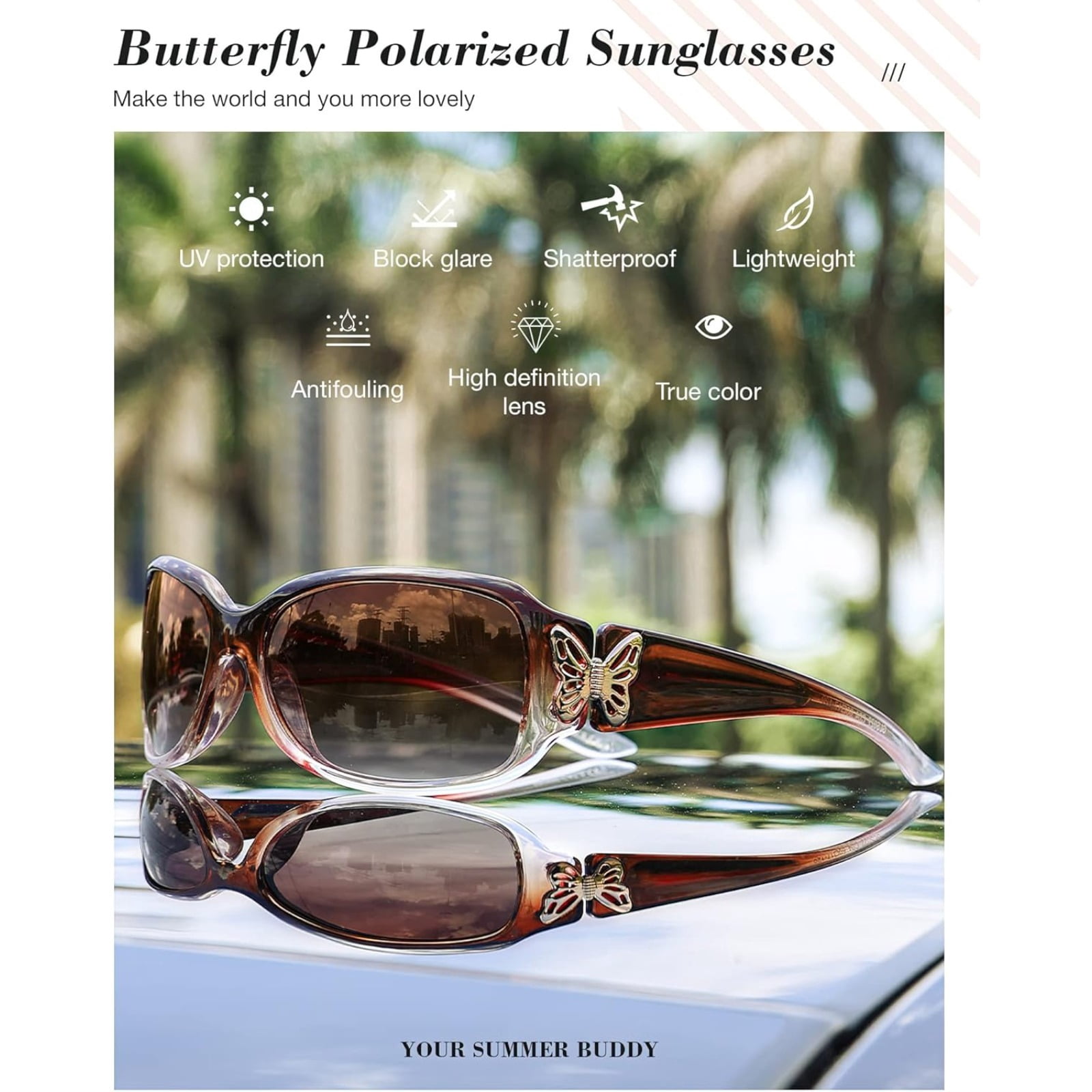 Polarized Sunglasses for Women with Wrap Around Butterfly Design, Trendy Jackie-O Style for UV400 Protection