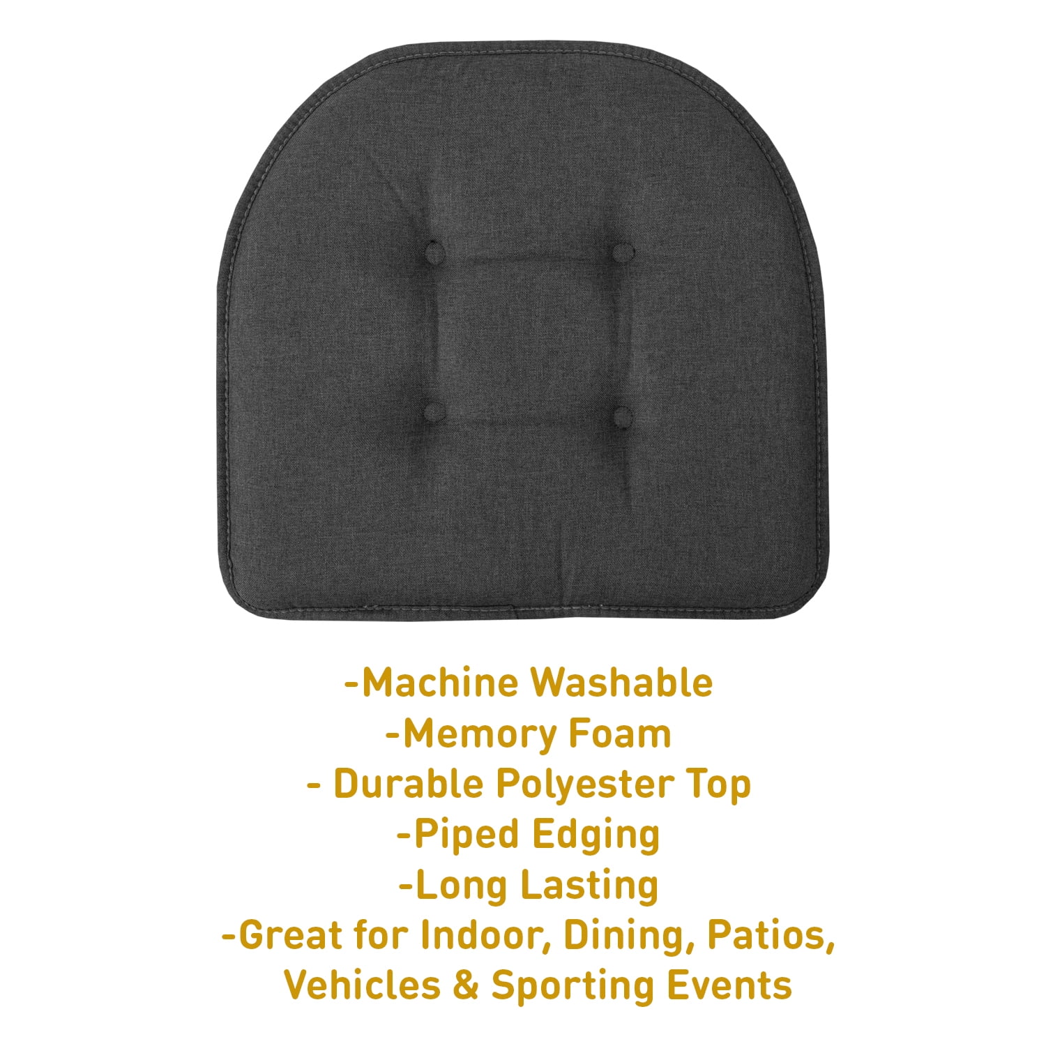 U-Shaped Memory Foam No Slip Back 16 x 16 Chair Pad Cushion 2 Pack - Charcoal