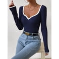 thumbnail image 4 of Women'S Sweetheart Neck Long Sleeve T Shirt Rib Knitted Contrast Binding Tee Tops Navy Blue L, 4 of 6
