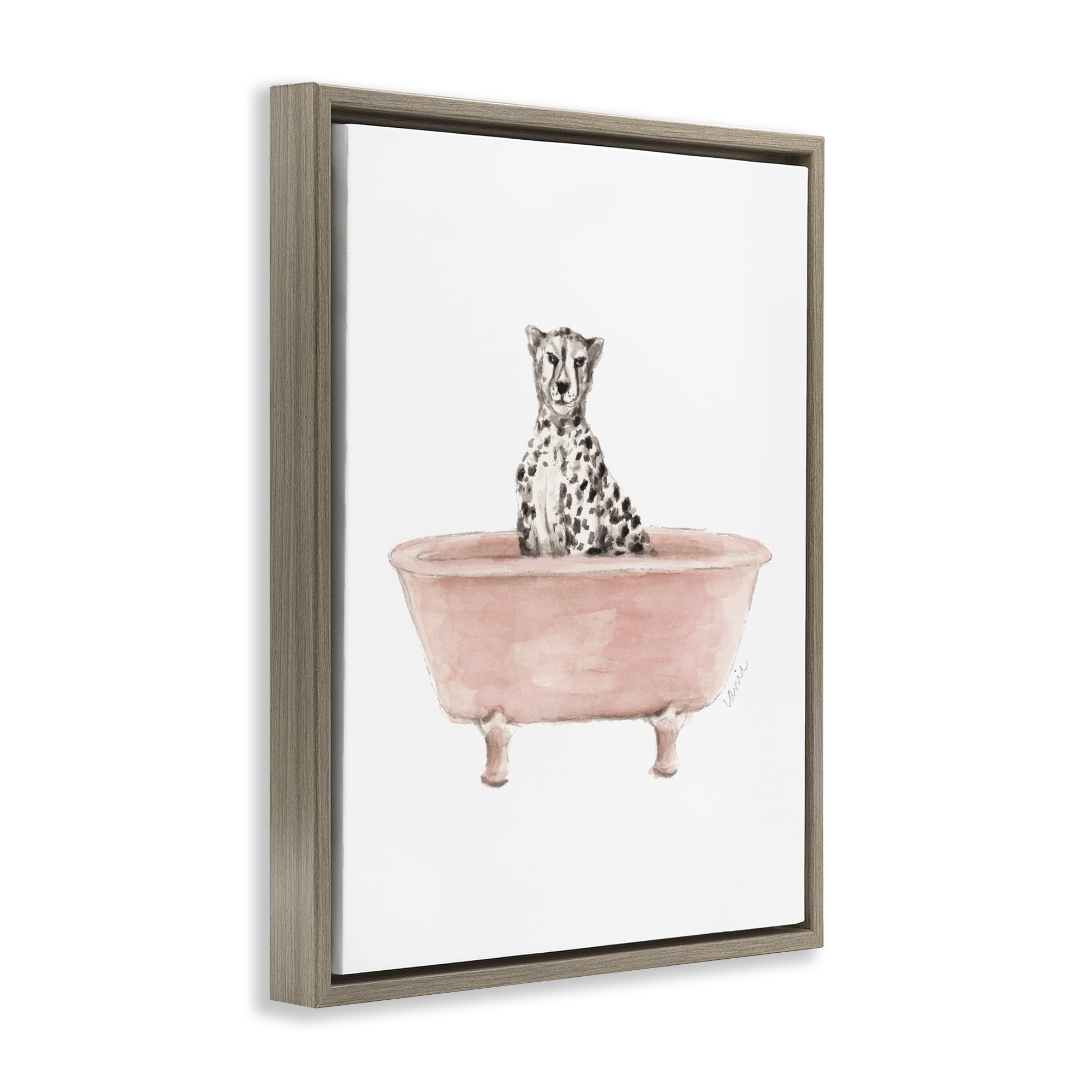 Stupell Industries Cheetah in Pink Tub Brown Framed Floater Canvas Wall Art, design by Lanie Loreth