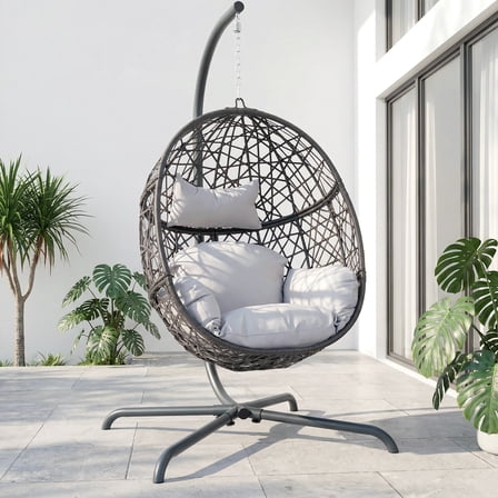 RADIATA Hanging Egg Chair with Stand, Oversized Indoor Outdoor Rattan Swing Chair, 450 lbs Bird Nest Basket Seat, Padded Wicker Egg Chair for Patio Balcony Porch, Light Gray