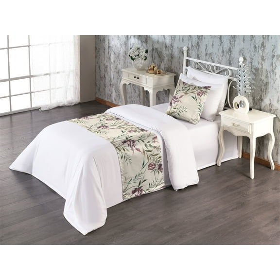 Floral Boho Bed Runner Set, Vintage Color Palette Leaves Greenery with Bohemian Flowers Dreamy Art, Decorative Bedding Scarf & a Pillow Sham for Hotels Homes, Twin, Eggshell Dried Rose, by Ambesonne