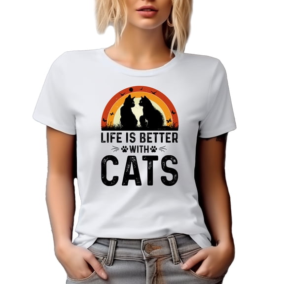 Retro Life Is Better with Cats, Cat or Fur Parent, White T-Shirt, Small