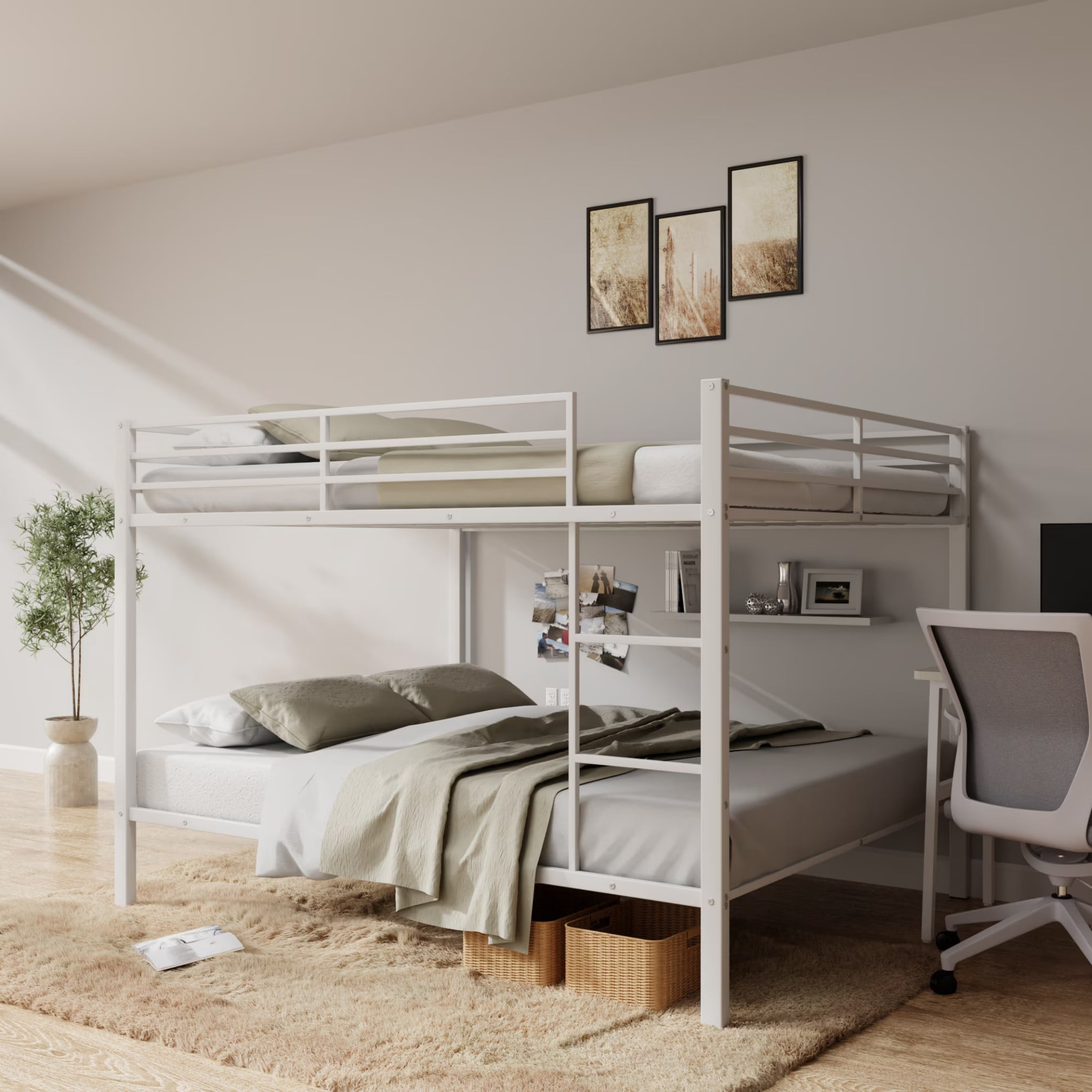 Full Over Full Bunk Bed, Heavy Duty Metal Bunk Bed Frame with Built-in Ladder and Safety Guard Rails, Low Profile Platform Bed, No Box Spring Needed for Kids, Small Spaces, White