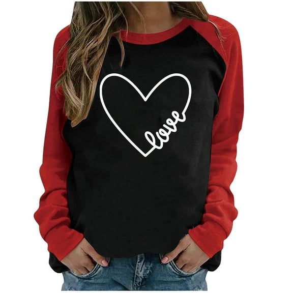 Honeeladyy Clearance Valentine's Day Shirt for Women Love Heart Graphic Printed Tees Shirt Casual Crewneck Long Sleeve Pullover Sweatshirt Raglan Loose Tunic Tops Blouse Shirt Gift