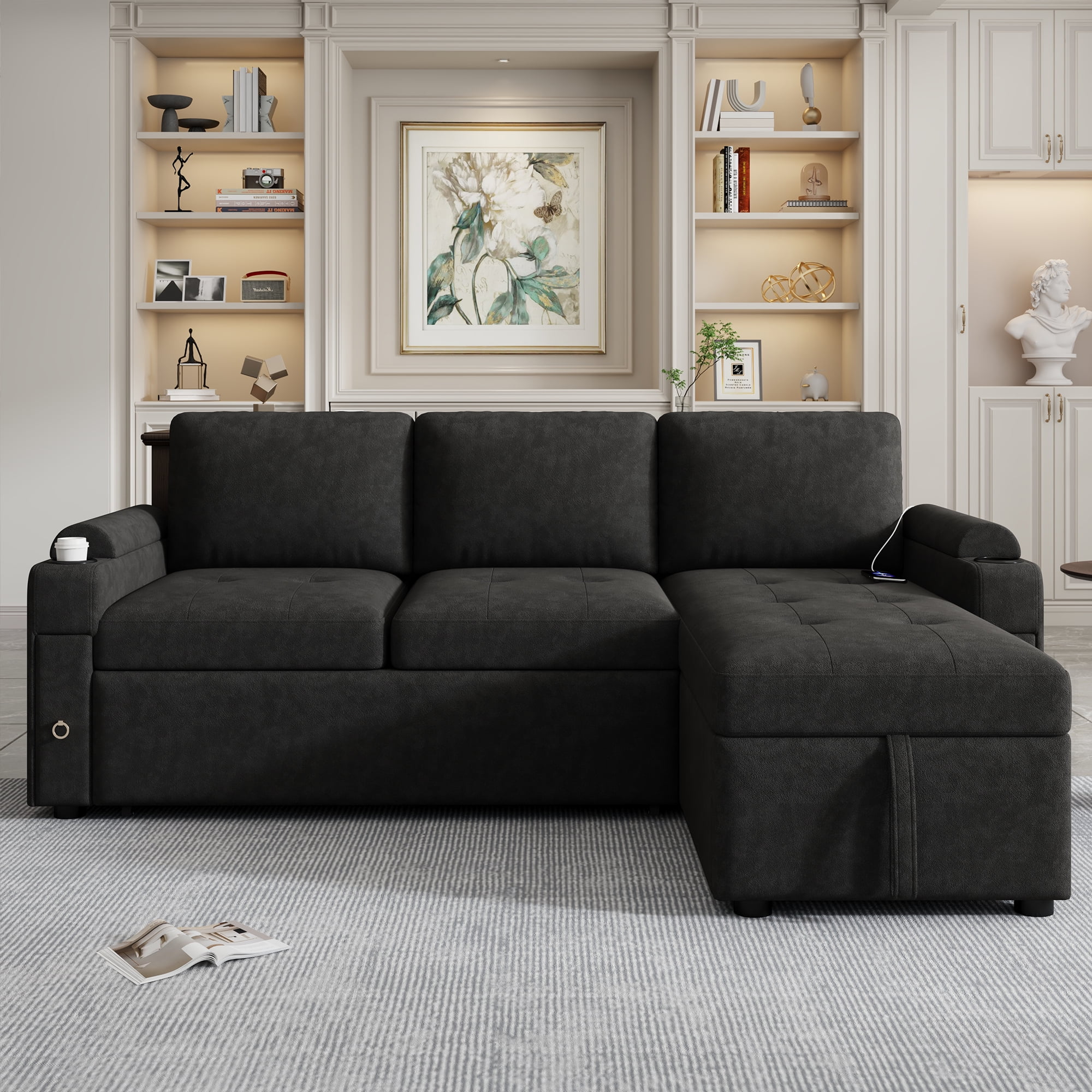 83.5" L-shaped Sofa Couch Convertible Sofa Bed Sectional Sofa with Ample Storage Space, Two Cup Holders and Two USB Ports for Living Room, Black