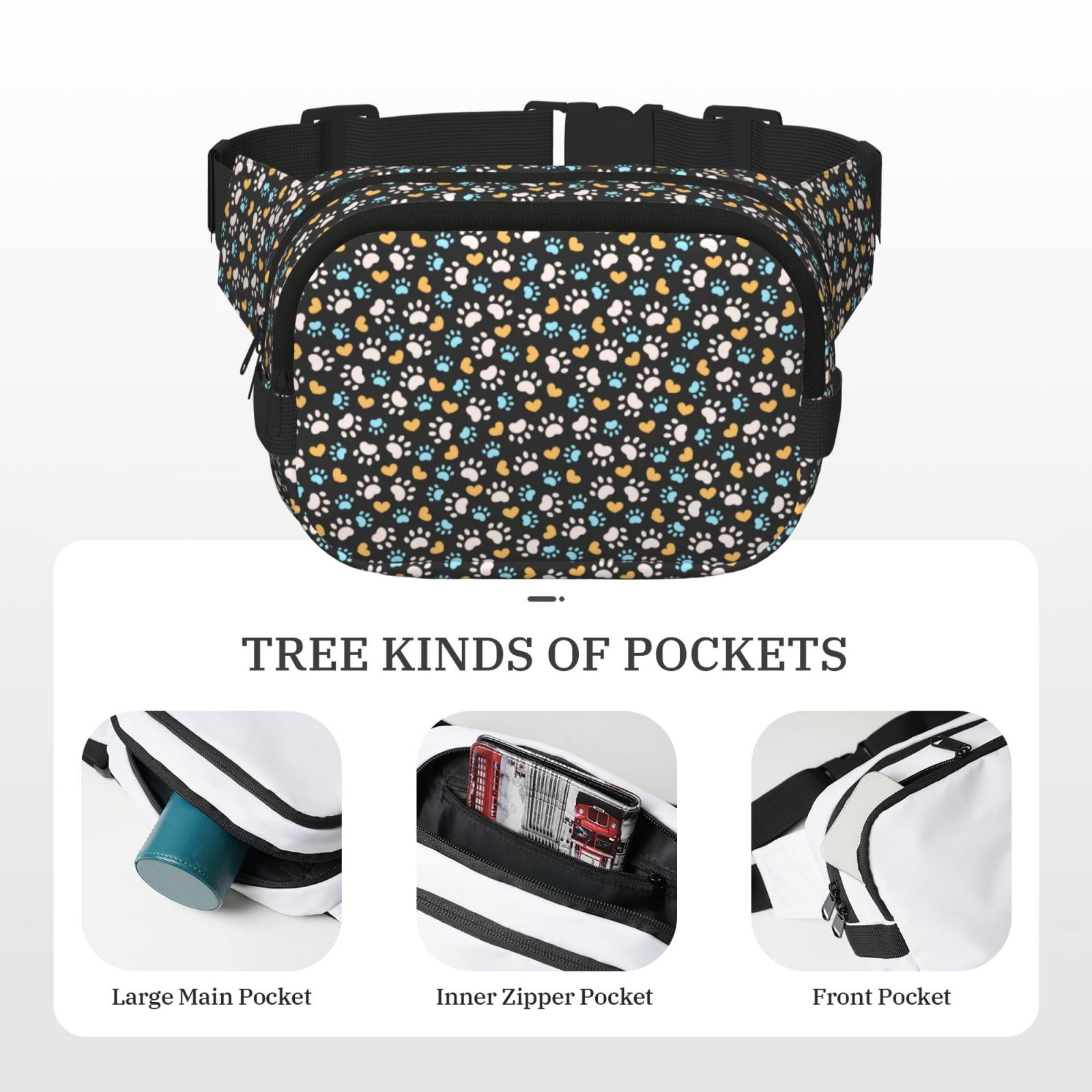Picia Paw Animal Print Square Double-Layer Waist Bag Mini Adjustable Waist Belt Bag Exercise Running Travel Hiking