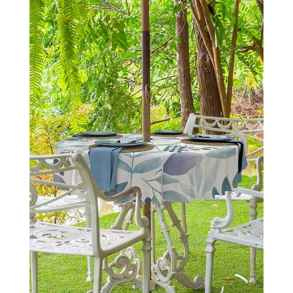 Blue Purple Botanical Outdoor Tablecloth - 60 Inch Round Dining Table Cover, Farmhouse Pastoral Leaf Waterproof Outdoor Table Cloth with Umbrella Hole & Zipper for Picnic/Patio/Party
