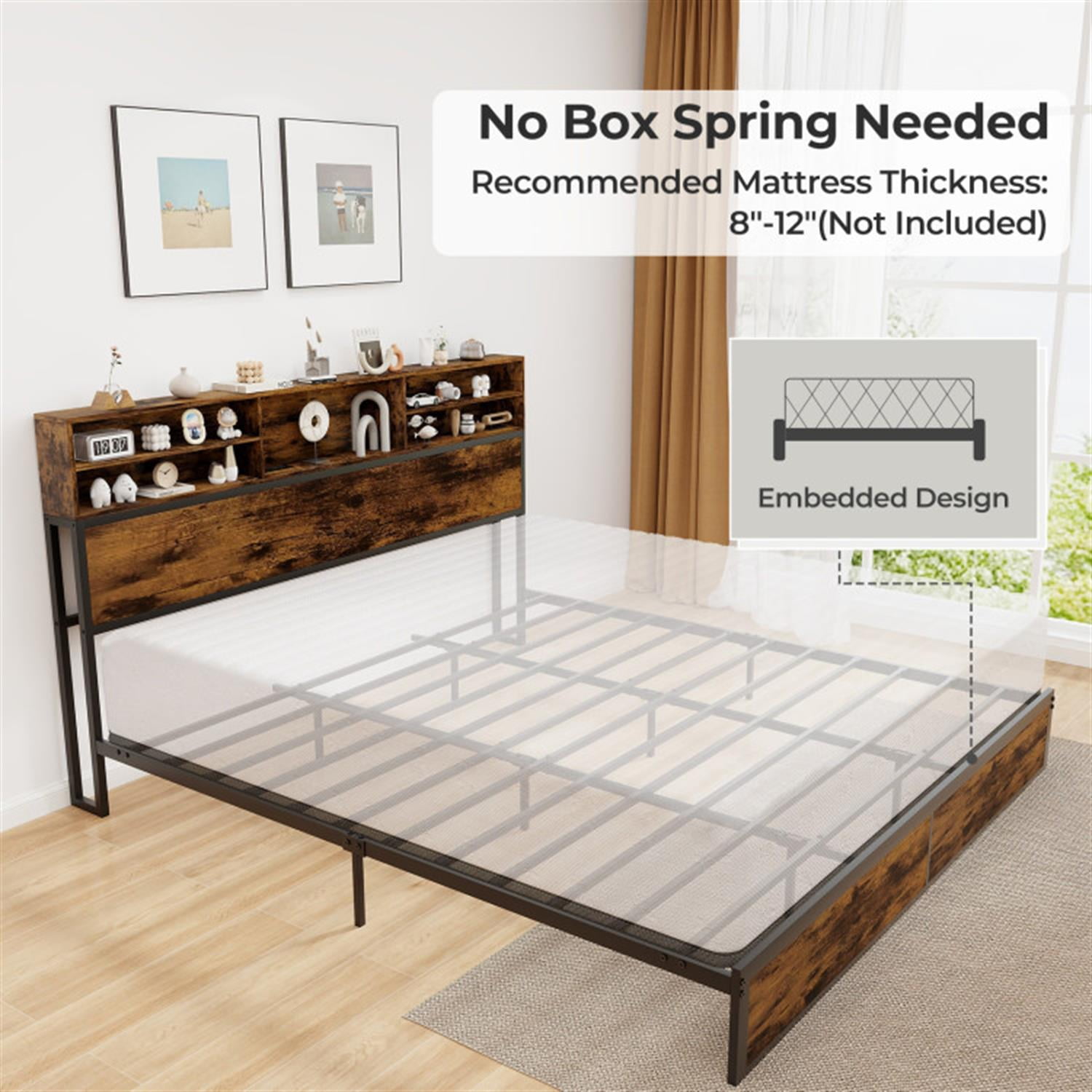 Demi Bonn King Size Bed Frame with Wooden Headboard and Footboard, Industrial Metal Platform Bed Frame with Under Bed Storage, No Box Spring Needed, Brown