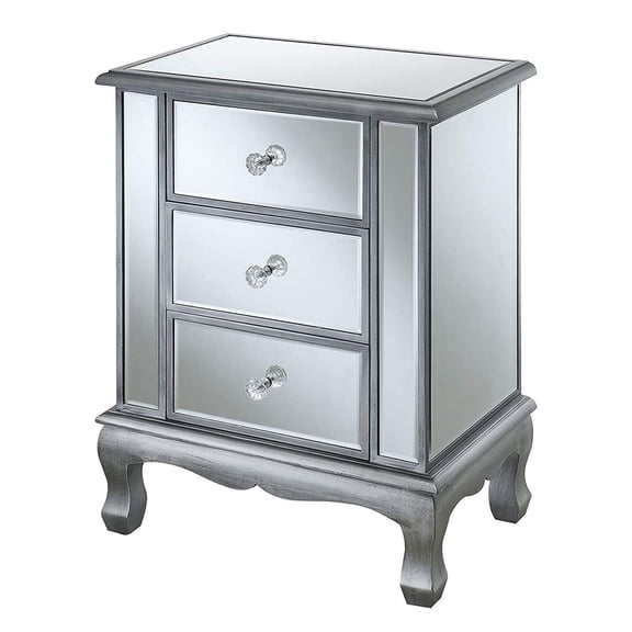 Pemberly Row Vineyard Three-Drawer End Table in Mirrored Glass and Silver Wood