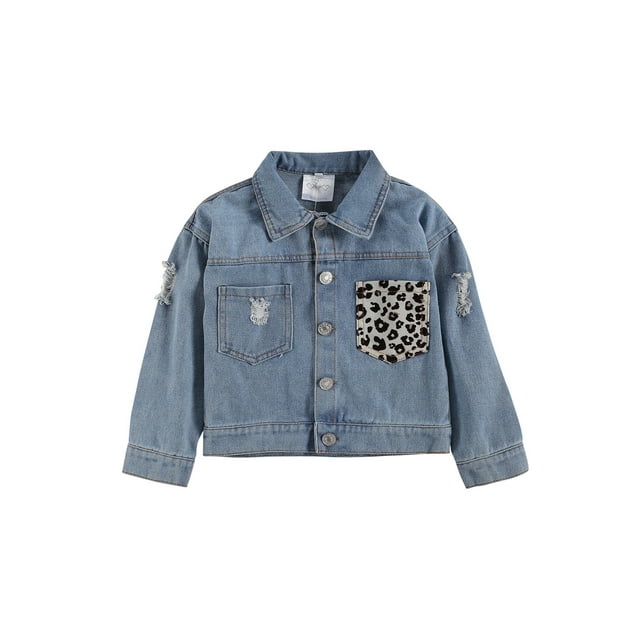 Canrulo Toddler Baby Girls Denim Jacket Leopard/Sequined Print Long Sleeve Single Breasted Coats Fall Winter Clothes Denim Leopard 1-2 Years
