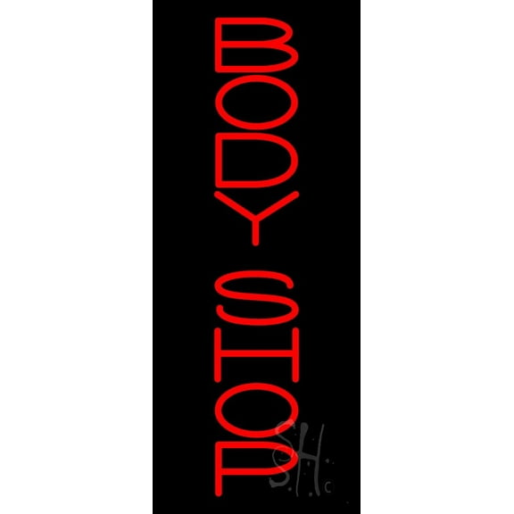 Vertical Red Body Shop 1 LED Neon Sign 24 x 10 - inches, Clear Edge Cut Acrylic Backing, with Dimmer - Bright and Premium built indoor LED Neon Sign for automotive store, and mall.