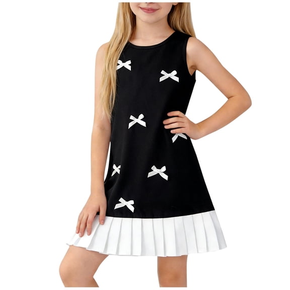 Girls Sleeveless Bow Applique A-Line Party Dress Pleated Hem Black Kids Casual Summer Clothing,Size 6-7 T