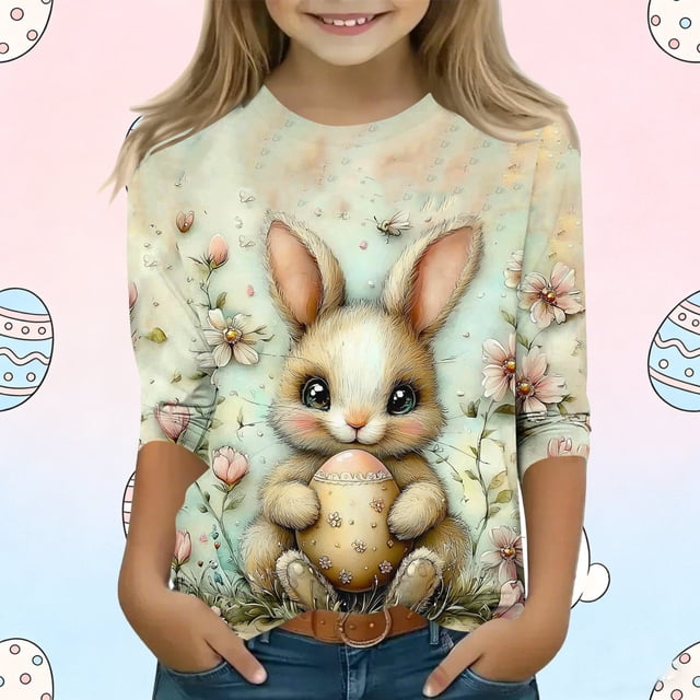 Blusas y camisas de manga larga con cuello redondo para niños con estampado de día de Pascua, manga 3/4/cuello redondo tres cuartos, camisa inferior y superior para niños, parte superior de poliéster