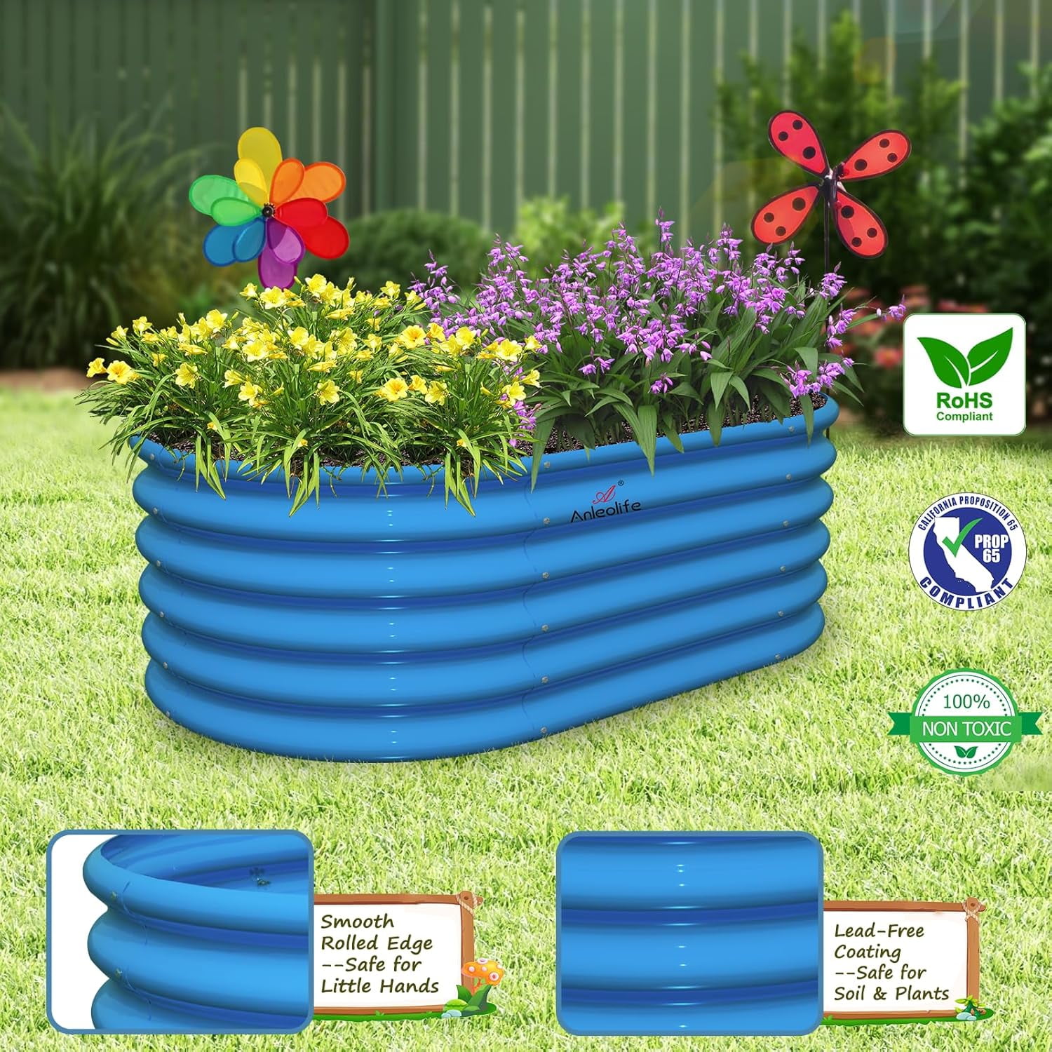 Kids Raised Garden Beds Outdoor (3-Pack)-40x24x18in Oval Round Galvanized Metal Planter Box for Planting Vegetables, Flowers, Fruits, Eco-Safe & Easy Setup, Sky Blue