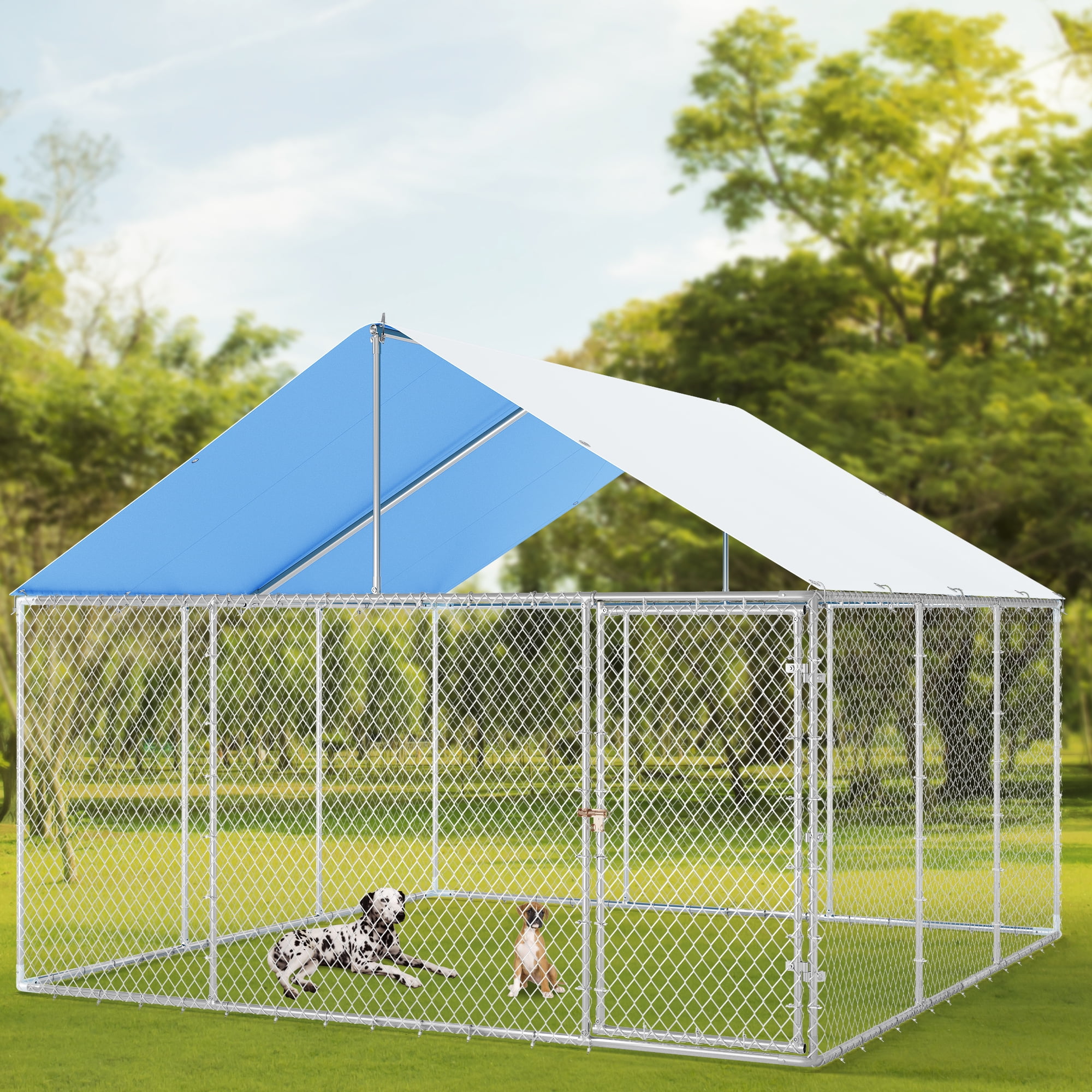 Large Outdoor Dog Kennel with Metal Dog Gate,Heavy-Duty Dog Enclosure with Roof for Backyard and Farm Use -177.1" L x 177.1" W x 90.5" H