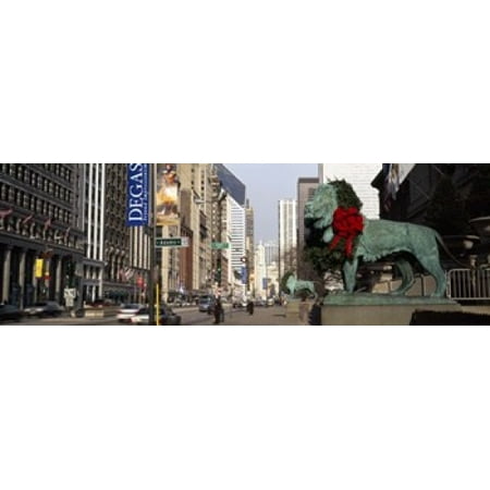Bronze lion statue in front of a museum Art Institute Of Chicago Chicago Cook County Illinois USA Stretched Canvas - Panoramic Images (36 x