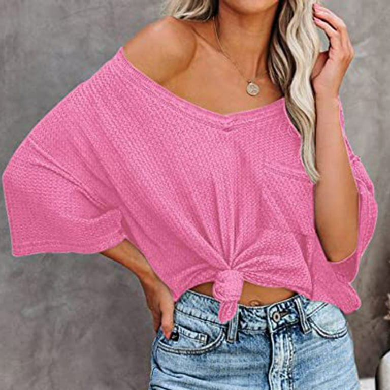 Wycnly Womens Tops Comfy Knitted Ribbed Loose Fit T-shirt Wycnly Womens Tops Comfy Knitted Ribbed Loose Fit T-shirt