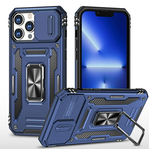 Military Grade Ring Holder Case with Camera Lens Cover for iPhone 14 Pro Max - Blue