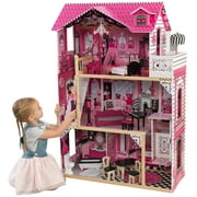 KidKraft Amelia Wooden Dollhouse with Elevator, Balcony and 15 Accessories, Pink