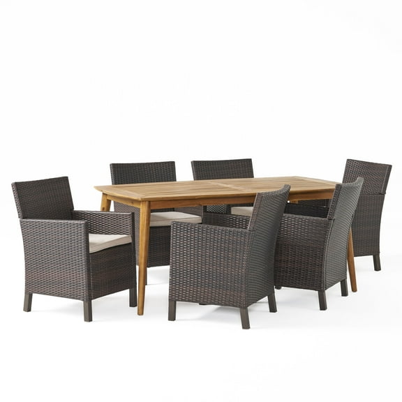 GDF Studio Calandra Outdoor Wicker and Acacia Wood 7 Piece Dining Set with Cushion, Multibrown, Light Brown, and Teak