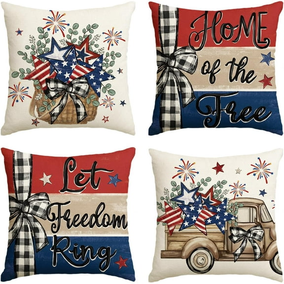 Let Freedom Free Eucalyptus Stars Fireworks Car Throw Pillow Covers, 18 x 18 Inch 4th of July Patriotic Independence Memorial Day USA Flag Cushion Case Decorations Set of 4