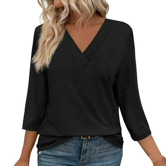 Women's Fashion 3/4 Sleeve V Neck T-Shirt Casual Loose Fit Soft Comfortable Top Blouse Tee Shirt for Daily Wear