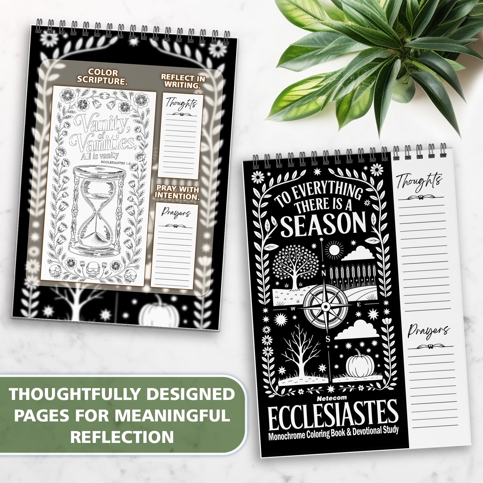 Ecclesiastes Monochrome Coloring Book for Adults, 30 Minimalist Scripture Art Pages with Reflection & Prayer Space, Spiral Bound, A4 or A5 Softcover or Wood Cover