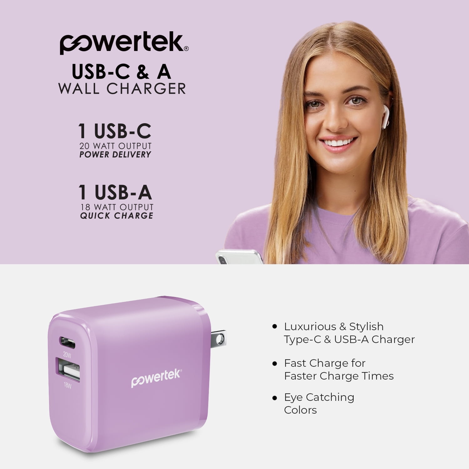 Liquipel Powertek Pastel Velvet 20W Combo Wall Charger - Purple