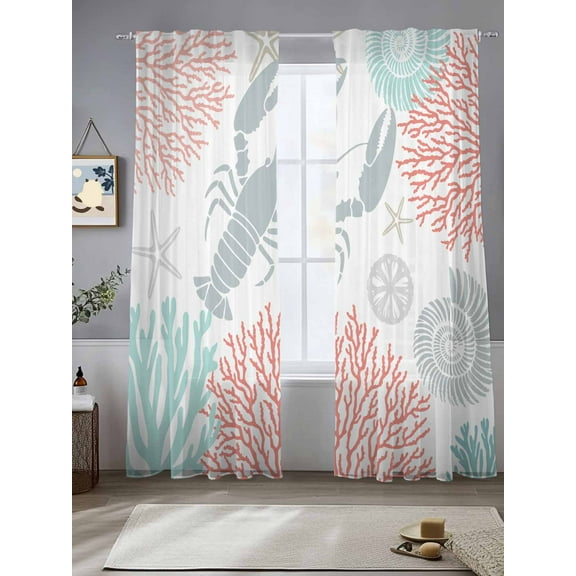 Teal Red Coastal Sheer Curtains for Living Room Bedroom Summer Lobster Coral Nautical Sheer Curtains 96 Inch Long 2 Panels Set Light Filtering Curtain Window Treatments Drapes for Dining Room
