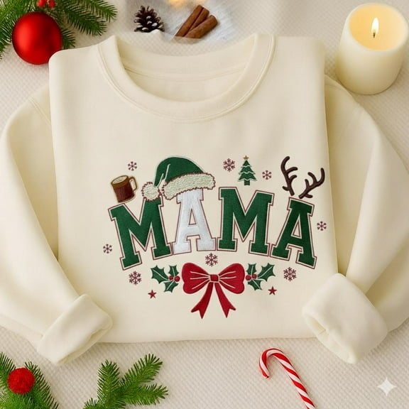 Embroidered Christmas Family Sweatshirt, Mama Papa Matching Holiday Shirt, Merry and Bright Xmas Tree Sweater, Cozy Winter Crewneck T Shirt