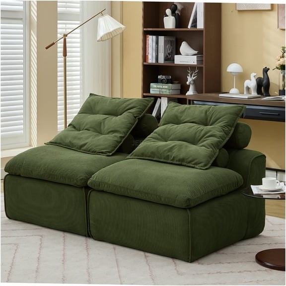 JERFIT Modular Sofa Chair Set, 2-Piece Convertible Sectional with Storage Pillows, Soft Corduroy Upholstery, Space-Saving Armless Design for Living Room, Apartment, Green