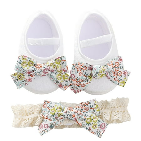 

Newborn Baby Girls Princess Pointed Toe Shoes Wedding Party Dress Flat Bowknot Shoes + Lace Headband Set