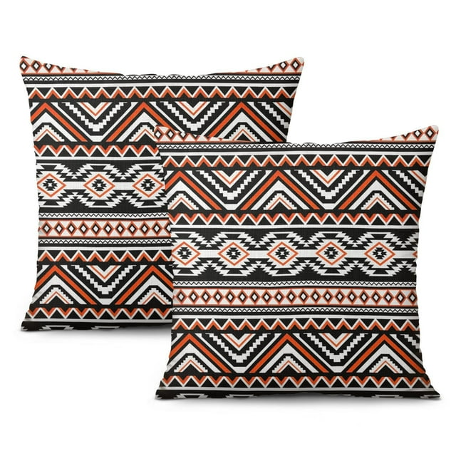 THrow Pillow Case Set of 2 Boho Style Ethnic Pattern Pillow Covers, Tribal Art Print Linen Throw Cushion Covers, Decorative Square Pillow Covers for Sofa and Living Room, 18x18 Inches