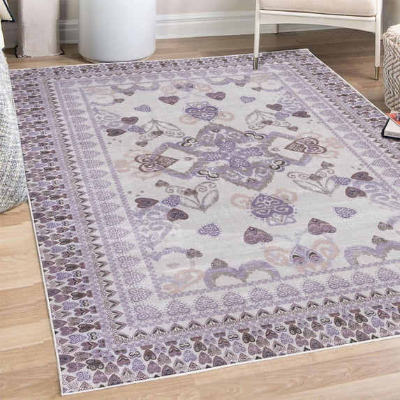 Ethnic Decorative Rug, Folkloric Tribal Ornaments and Curls with Heart Shaped Details Print, Quality Carpet for Bedroom Dorm and Living Room, 6 Sizes, Lavender Blue, by Ambesonne