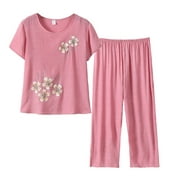 FLW 2 Pcs/Set Women Top Pants Set O Neck Flower Print Grandma Style Elastic Waists Summer Pajamas Set for Daily Wear