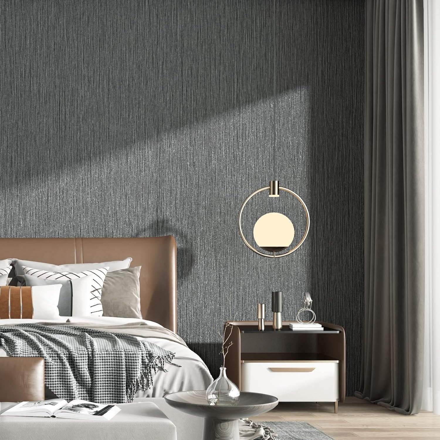 Wallpaper Textured 24in X 393in Fabric Contact Paper Gray Wall Paper Textured Linen Wallpaper Peel and Stick Self-Adhesive Thick Vinyl Embossed Film Wallpaper (Gray)