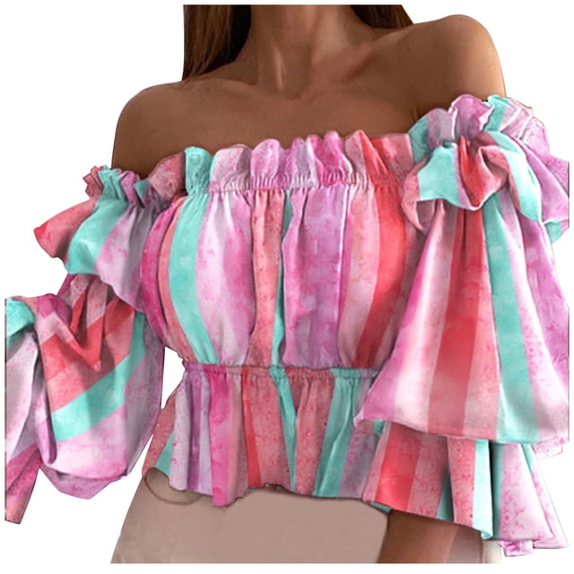 Pompotops Dames Mode d'Été Sexy une Épaule Trois-Quarts Imprimé Chiffon Top