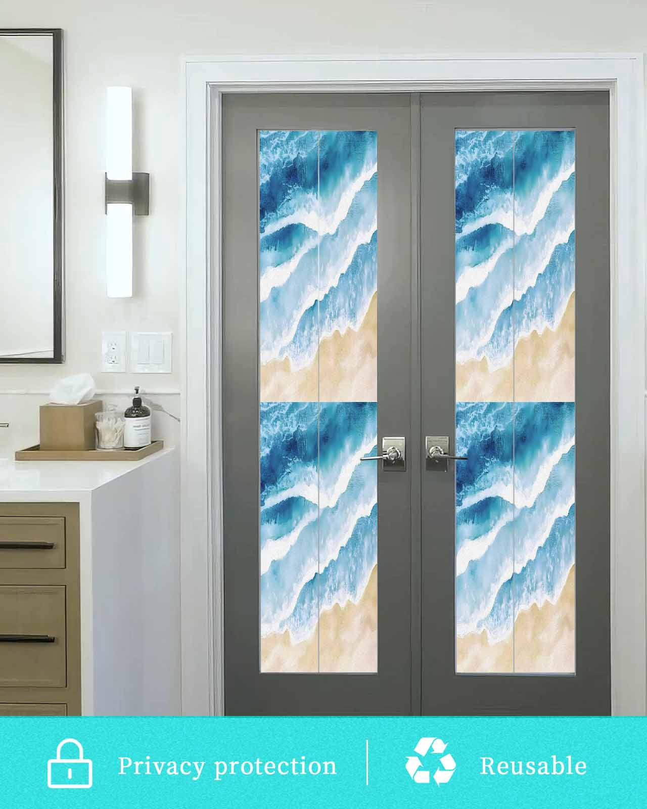 Window Privacy Film Blue Waves Coastal Stained Glass Window Film Decorative Sun Block Window Cover Summer Beach Nautical Ocean Window Clings Static Adhesive Sticker for Bathroom 23.6"x78.7"