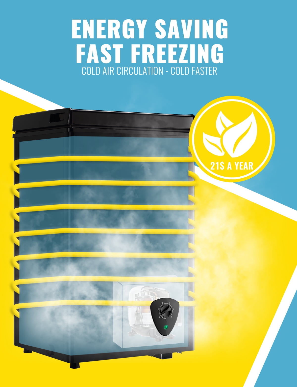 WANAI 60L Chest Freezer with 7 Gears Temp Control, Black Deep Freezers Space-saving two baskets