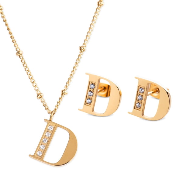 Juego Joyería Mujer, Collar Aretes Inicial Letras LuckyLy, Acero Inoxidable Baño de Oro 18k dorado UNITALLA