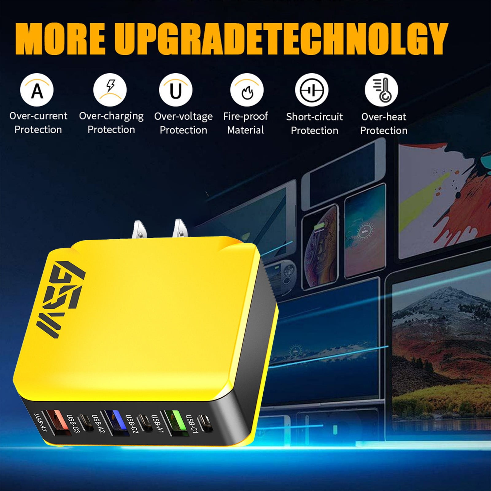US Standard 65W 6-in-1 Multi-Port USB Fast Charger, Universal USB Charging Head Compatible with Phones Tablets Laptops & Multiple Devices