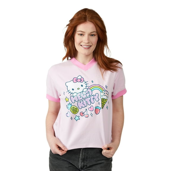 Hello Kitty Rainbow Hearts Stars & Sweet Treats V-Neck Short Sleeve Cradle Pink Women's T-shirt Small
