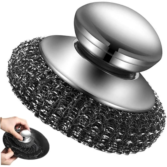 Lssam Stainless Steel Scrubber with Handle, 1PC Steel Wool Pot Pan Grill Cleaner for Kitchen Sink Stoves and Dishes, Heavy Duty Metal Scouring Pads