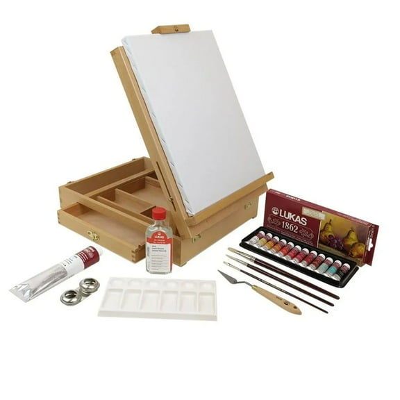 Lukas 1862 Oil Color Limited Edition Wood Box Easel Set -Professional Paint Set & Painting Kit for Adults -Includes Titanium White, 12 10ml Colors, Brushes, Palette, Canvas, & Linseed Stand Oil