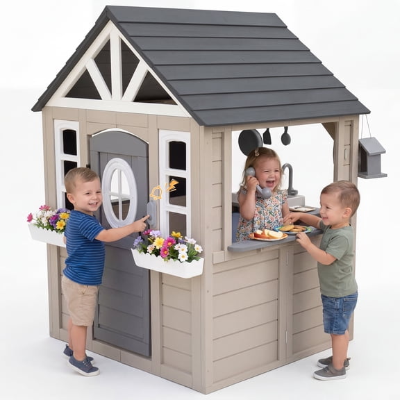 AiKidKit Kids Outdoor Playhouse, Wooden Playhouse with Play Kitchen, Working Doorbell, Bird Cage, Pet Door, Backyard Casa de CampañA Para NiñOs Country Style, Gray & Beige