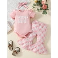 thumbnail image 2 of Bslissey Baby Girls Summer 3Pcs Outfits Pink Short Sleeve Letter Print Romper + Flower Print Flared Pants + Headband 3M 6M 12M 18M Infant Toddler Casual Long Pants Sets, 2 of 10