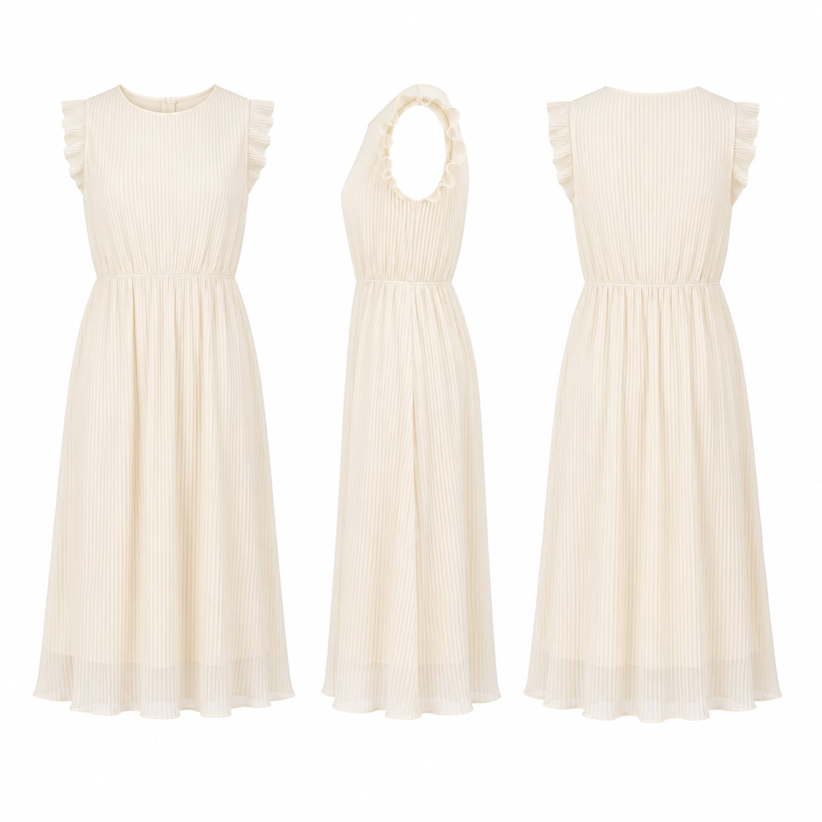 Alvantor Women's Ruffle Sleeve Midi Dress with Pleated Overlay, Ivory