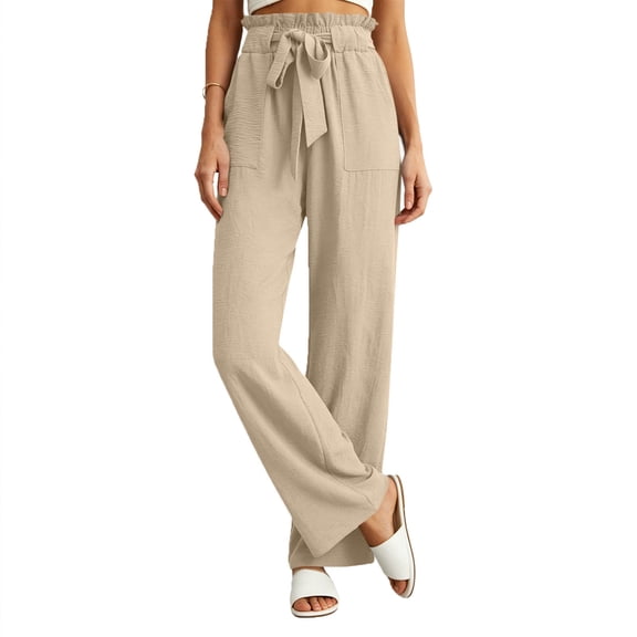 VEKDONE Drawstring Straight Trousers for Women Elastic High Waisted Wide Leg Pant with Pockets Summer Casual Loose Fit Long Pants Lounge Slacks Khaki XXL