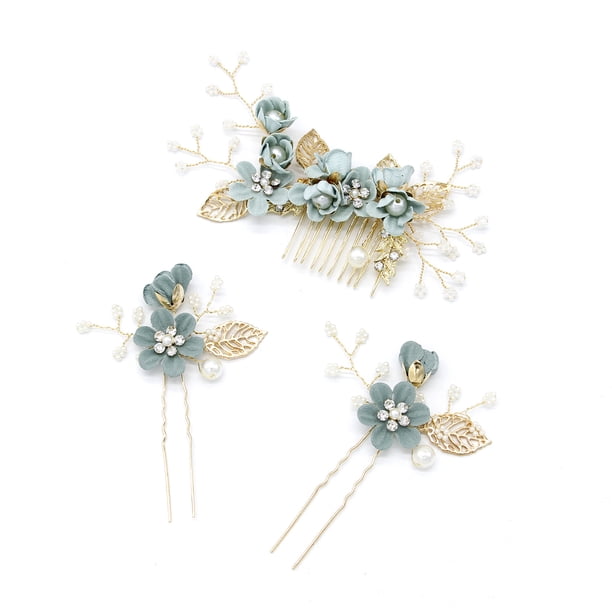 Accesorios para el cabello de novia de boda japonesa y coreana Conjunto de tres piezas de peine y horquilla para el cabello de color rosa y azul transfronterizos entre Europa y Estados Unidos